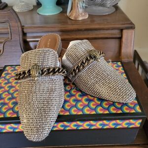 Kurt Geiger Brown Tweed Mules with Gold Chain